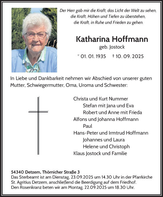 Traueranzeige von Katharina Hoffmann von trierischer_volksfreund