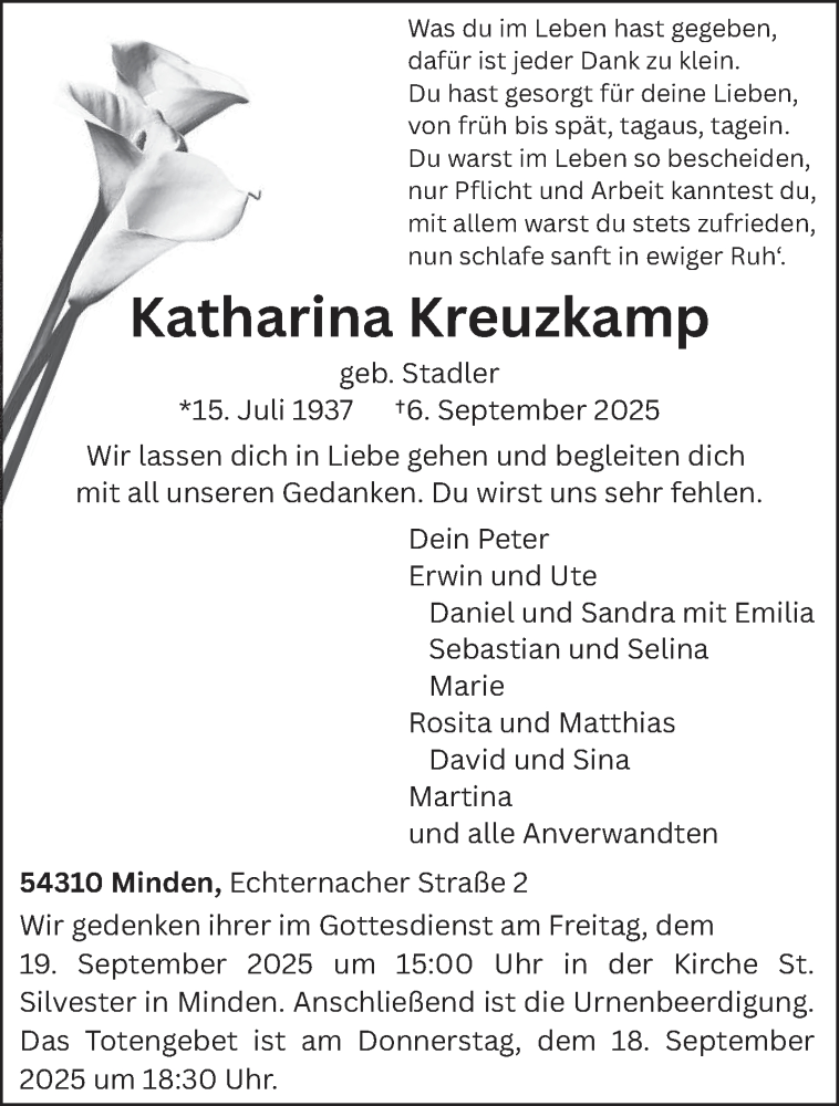  Traueranzeige für Katharina Kreuzkamp vom 10.09.2025 aus trierischer_volksfreund