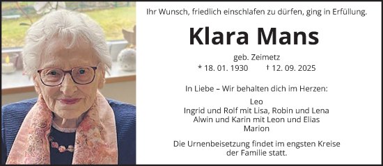 Traueranzeige von Klara Mans von trierischer_volksfreund