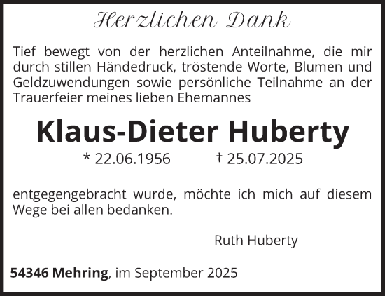 Traueranzeige von Klaus-Dieter Huberty von trierischer_volksfreund