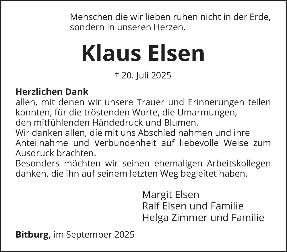  Traueranzeige für Klaus Elsen vom 12.09.2025 aus trierischer_volksfreund