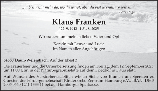 Traueranzeige von Klaus Franken von trierischer_volksfreund