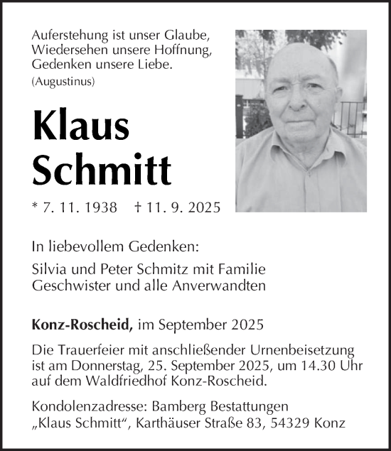 Traueranzeige von Klaus Schmitt von trierischer_volksfreund