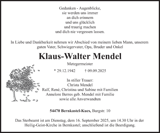 Traueranzeige von Klaus-Walter Mendel von trierischer_volksfreund