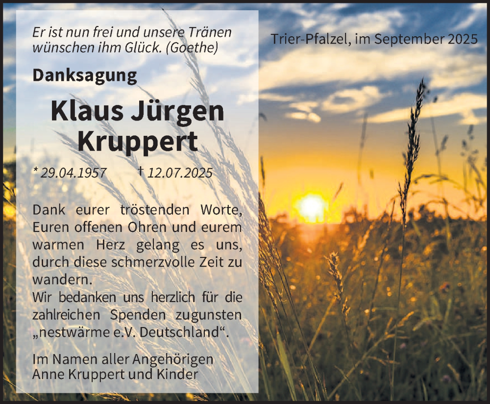  Traueranzeige für Klaus Jürgen Kruppert vom 06.09.2025 aus trierischer_volksfreund