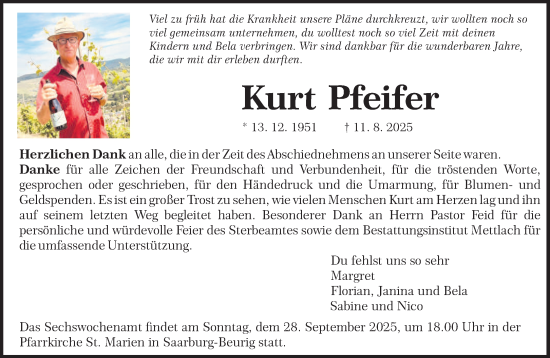 Traueranzeige von Kurt Pfeifer von trierischer_volksfreund