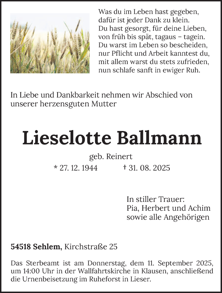  Traueranzeige für Lieselotte Ballmann vom 06.09.2025 aus trierischer_volksfreund