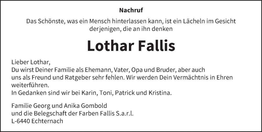  Traueranzeige für Lothar Fallis vom 20.09.2025 aus trierischer_volksfreund