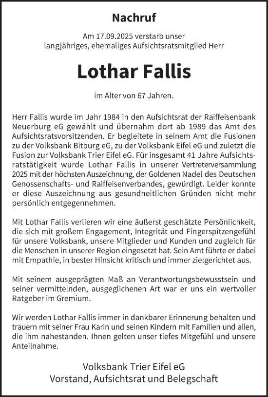 Traueranzeige von Lothar Fallis von trierischer_volksfreund