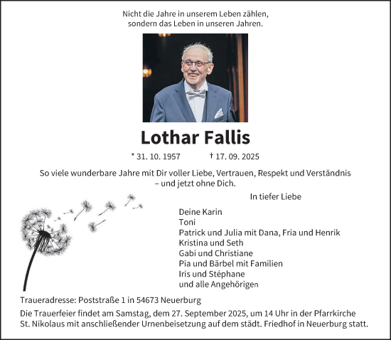 Traueranzeige von Lothar Fallis von trierischer_volksfreund