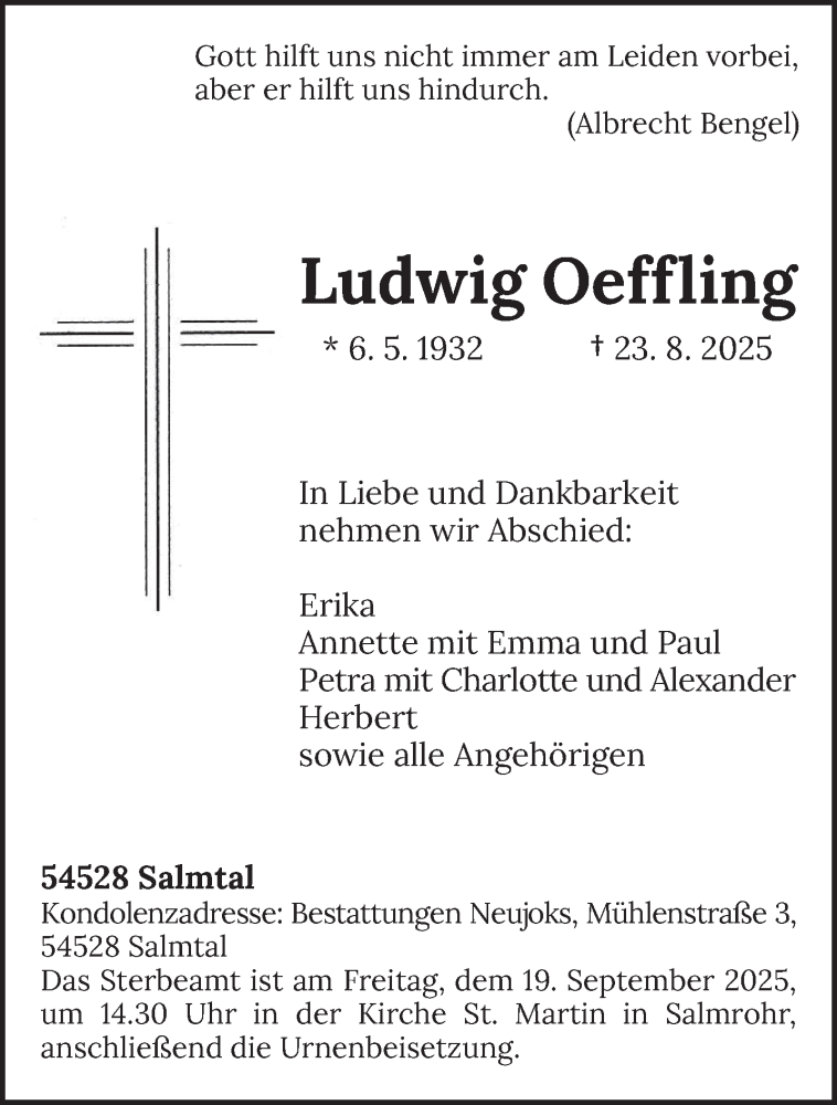  Traueranzeige für Ludwig Oeffling vom 13.09.2025 aus trierischer_volksfreund