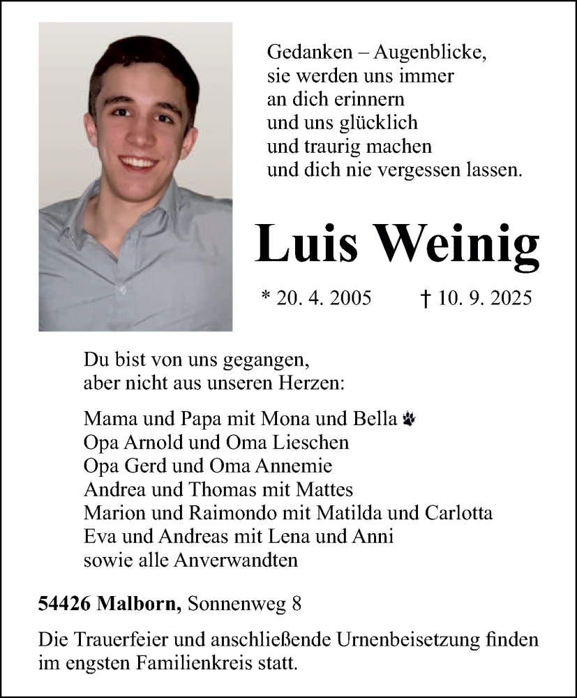  Traueranzeige für Luis Weinig vom 13.09.2025 aus trierischer_volksfreund