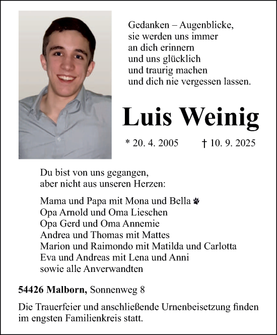 Traueranzeige von Luis Weinig von trierischer_volksfreund