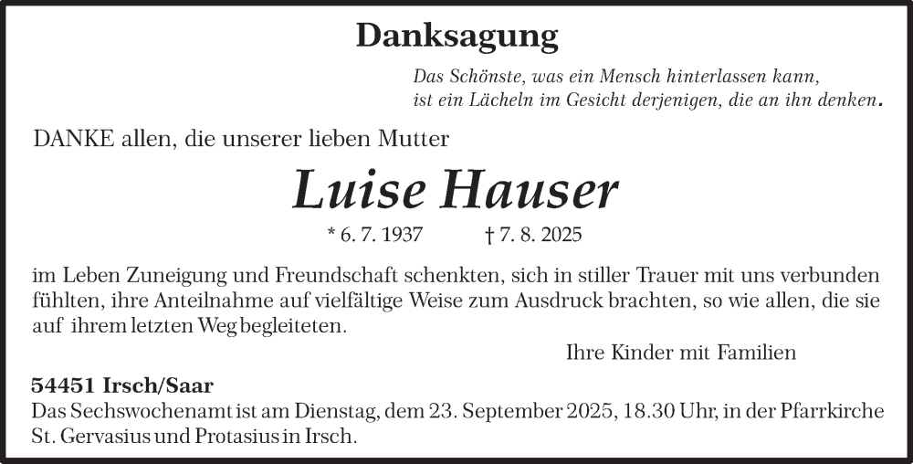 Traueranzeige für Luise Hauser vom 20.09.2025 aus trierischer_volksfreund