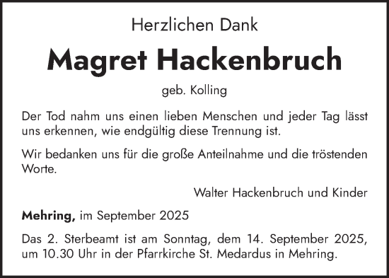 Traueranzeige von Magret Hackenbruch von trierischer_volksfreund