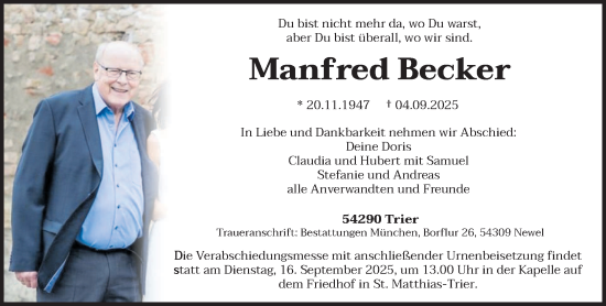 Traueranzeige von Manfred Becker von trierischer_volksfreund