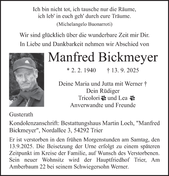 Traueranzeige von Manfred Bickmeyer von trierischer_volksfreund
