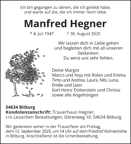 Traueranzeige von Manfred Hegner von trierischer_volksfreund