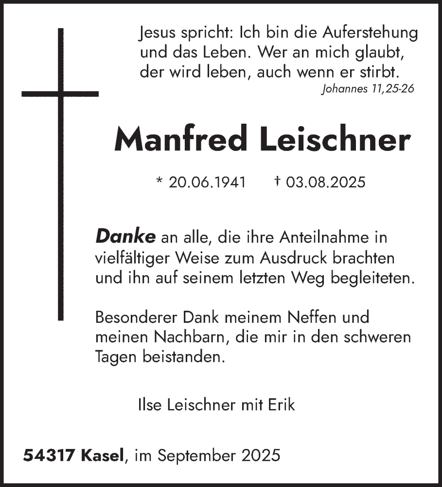  Traueranzeige für Manfred Leischner vom 17.09.2025 aus trierischer_volksfreund
