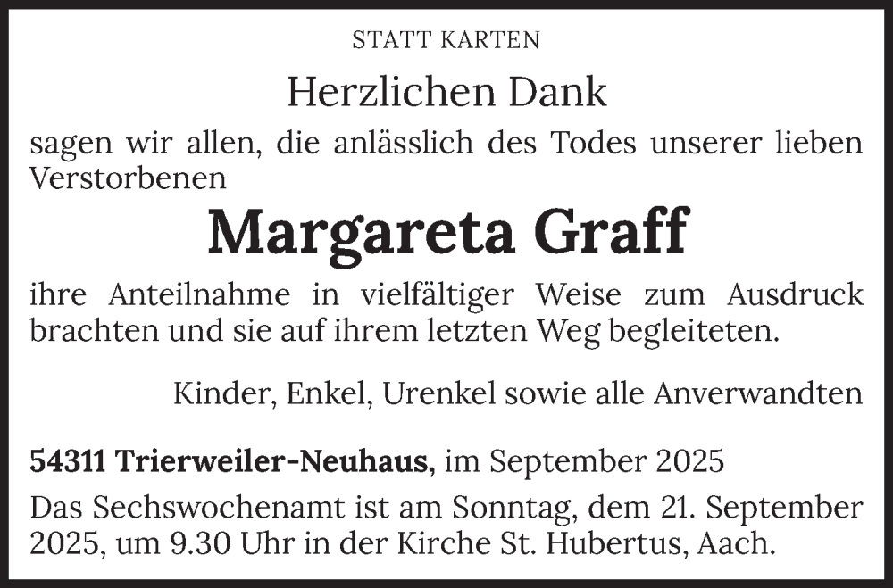  Traueranzeige für Margareta Graff vom 13.09.2025 aus trierischer_volksfreund