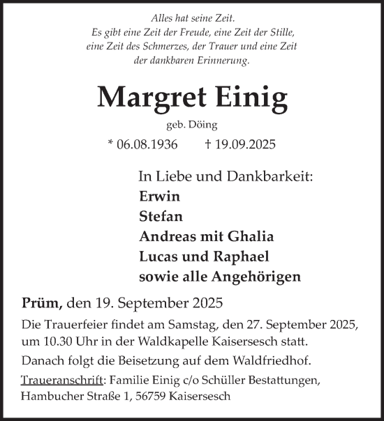 Traueranzeige von Margret Einig von trierischer_volksfreund