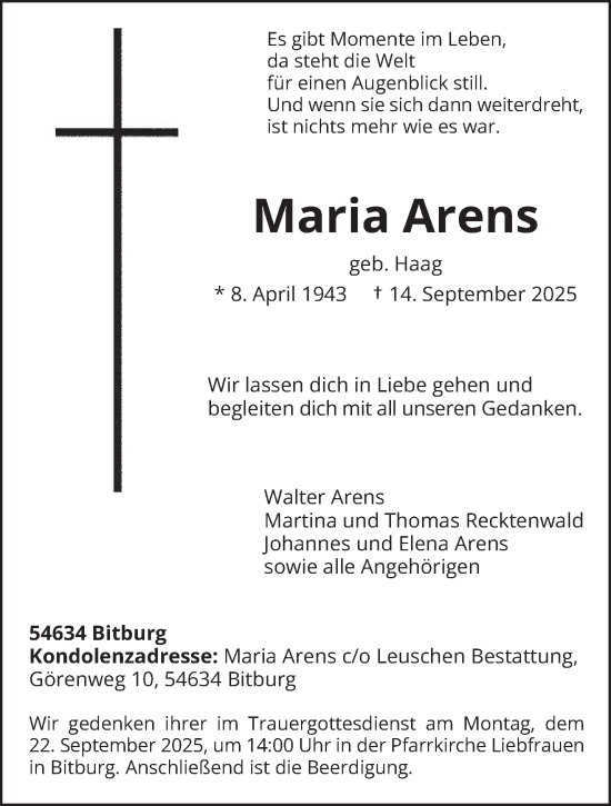 Traueranzeige von Maria Arens von trierischer_volksfreund