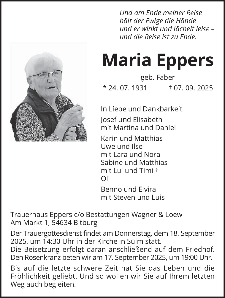  Traueranzeige für Maria Eppers vom 13.09.2025 aus trierischer_volksfreund
