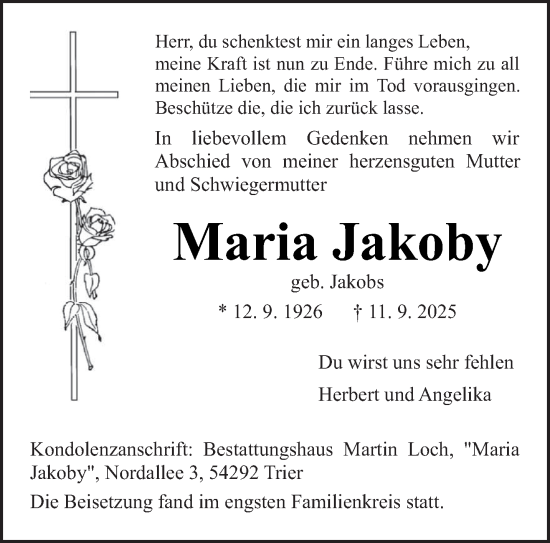 Traueranzeige von Maria Jakoby von trierischer_volksfreund