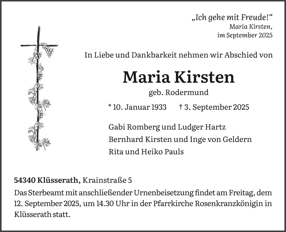  Traueranzeige für Maria Kirsten vom 06.09.2025 aus trierischer_volksfreund