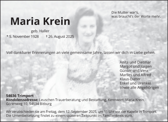 Traueranzeige von Maria Krein von trierischer_volksfreund