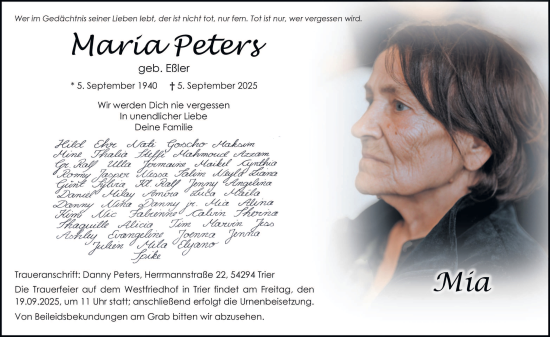 Traueranzeige von Maria Peters von trierischer_volksfreund