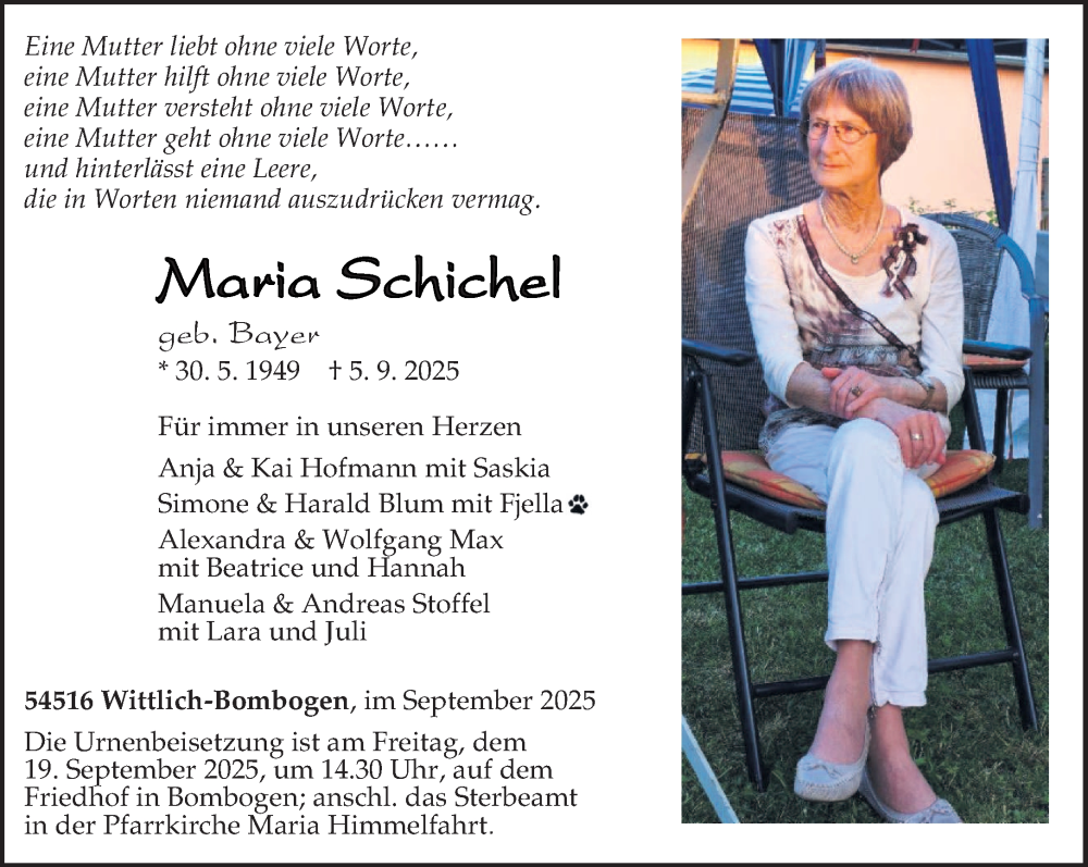  Traueranzeige für Maria Schichel vom 13.09.2025 aus trierischer_volksfreund