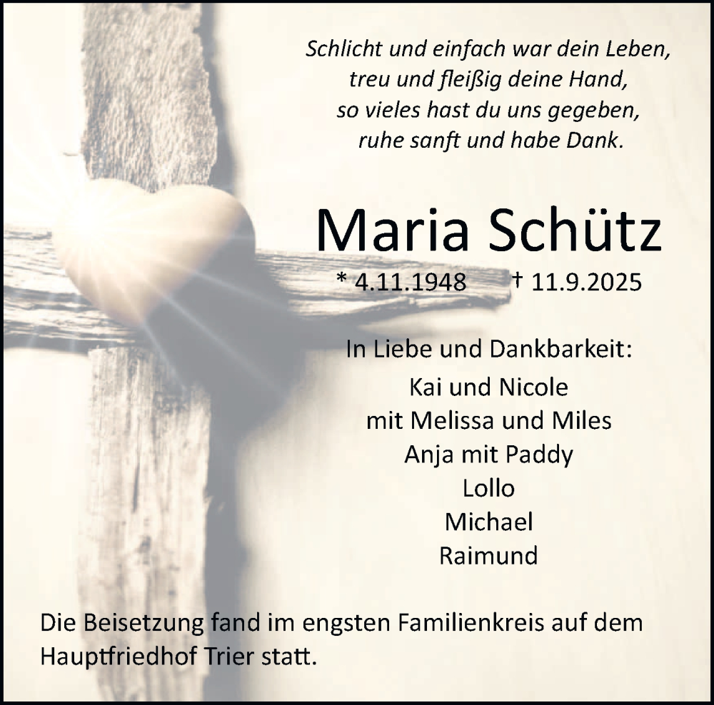  Traueranzeige für Maria Schütz vom 27.09.2025 aus trierischer_volksfreund