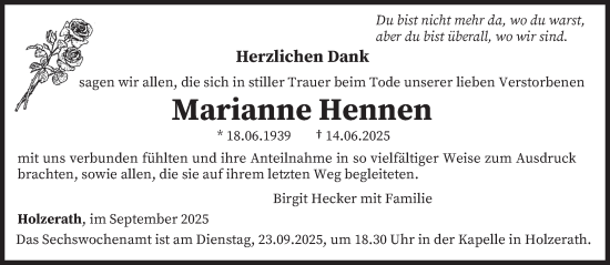 Traueranzeige von Marianne Hennen von trierischer_volksfreund