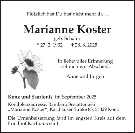 Traueranzeige von Marianne Koster von trierischer_volksfreund