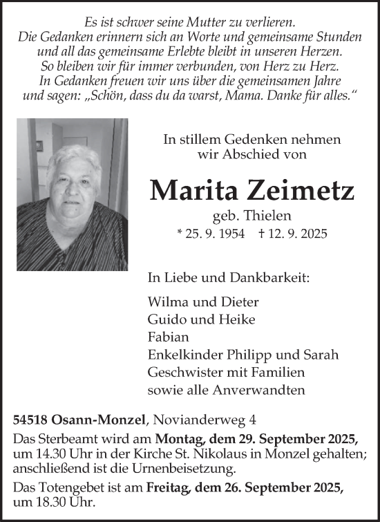Traueranzeige von Marita Zeimetz von trierischer_volksfreund