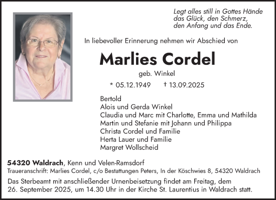 Traueranzeige von Marlies Cordel von trierischer_volksfreund