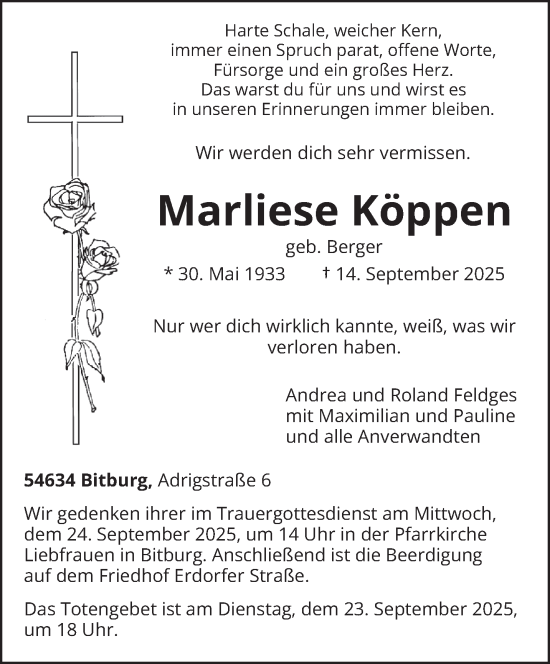 Traueranzeige von Marliese Köppen von trierischer_volksfreund