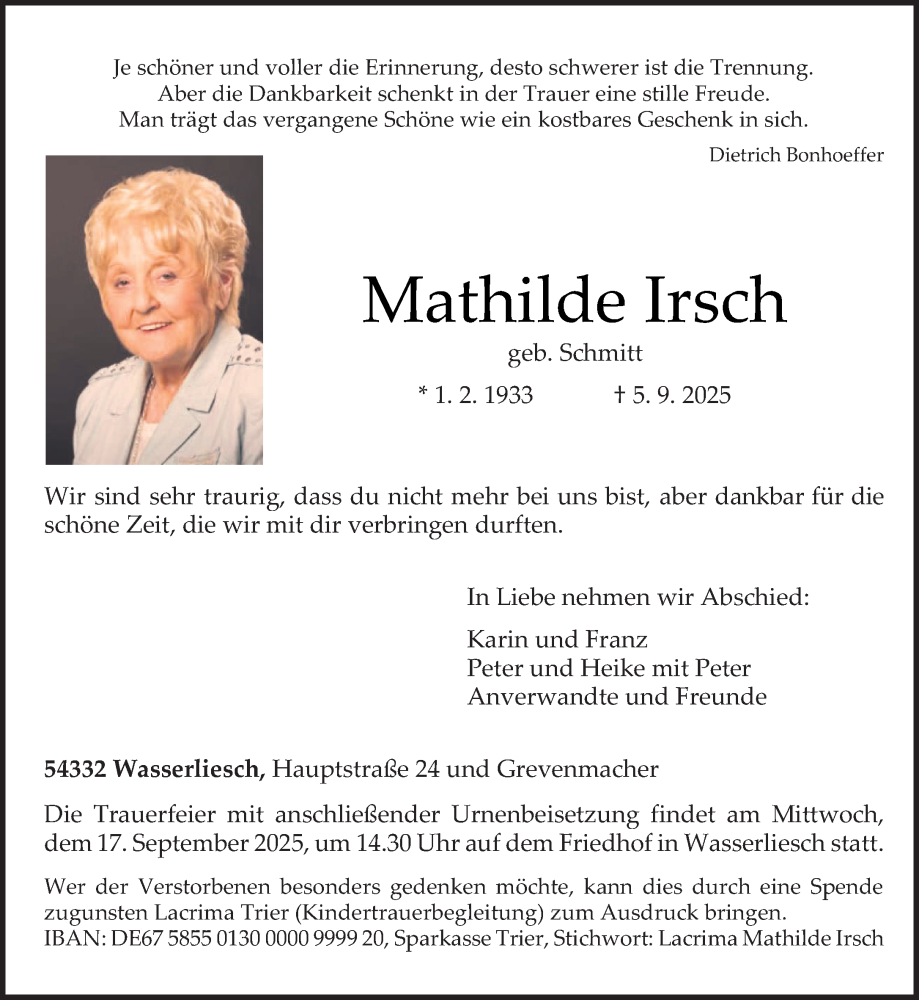  Traueranzeige für Mathilde Irsch vom 13.09.2025 aus trierischer_volksfreund