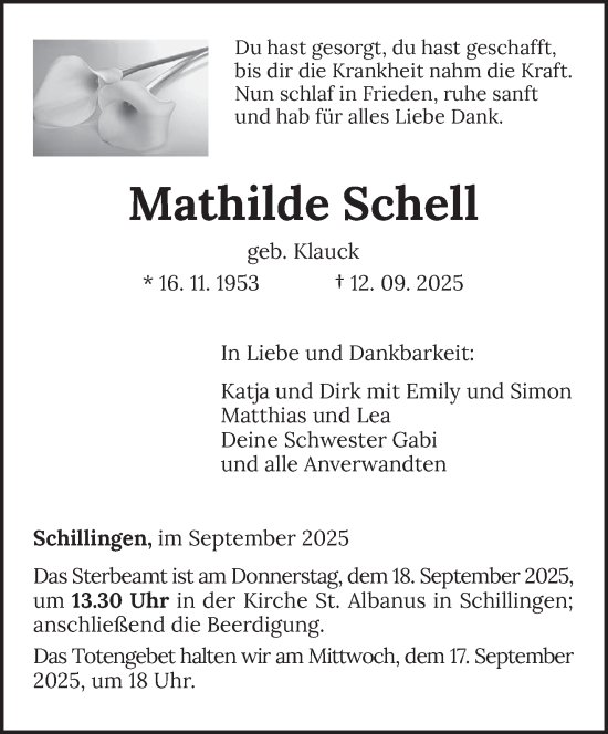 Traueranzeige von Mathilde Schell von trierischer_volksfreund