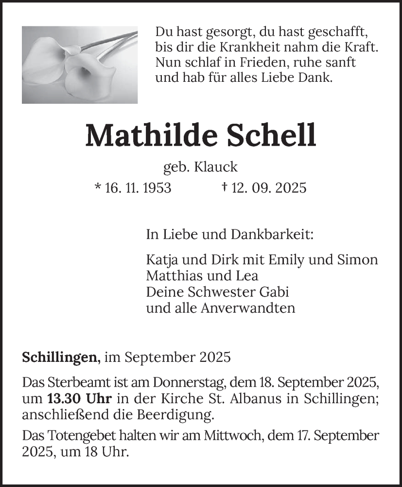  Traueranzeige für Mathilde Schell vom 16.09.2025 aus trierischer_volksfreund