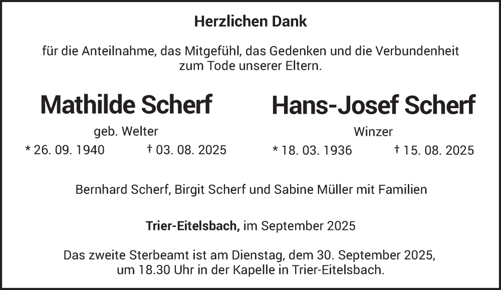  Traueranzeige für Mathilde Scherf vom 27.09.2025 aus trierischer_volksfreund