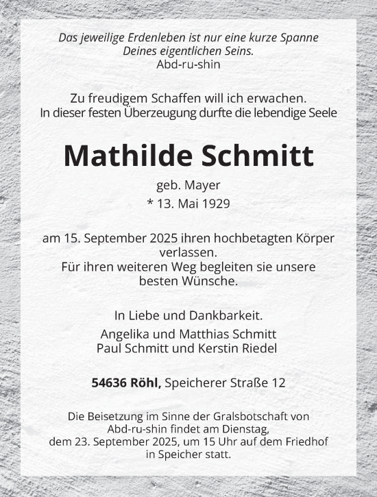 Traueranzeige von Mathilde Schmitt von trierischer_volksfreund