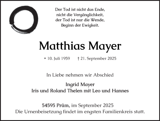 Traueranzeige von Matthias Mayer von trierischer_volksfreund