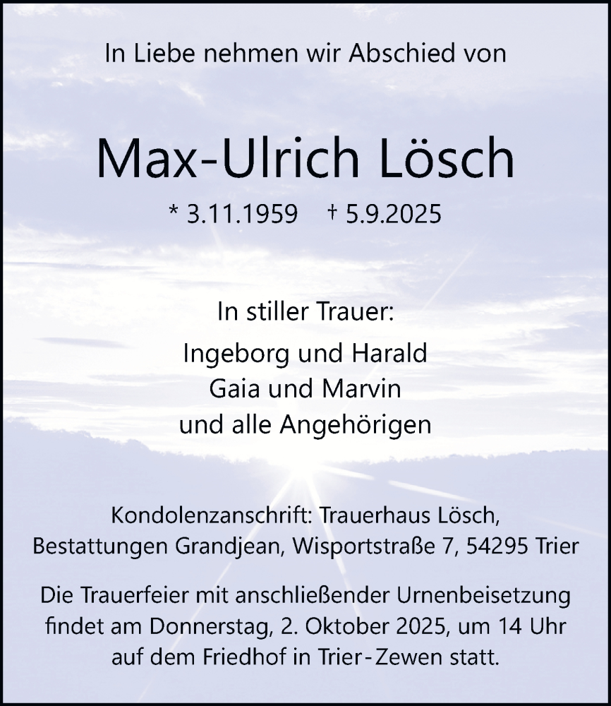  Traueranzeige für Max-Ulrich Lösch vom 24.09.2025 aus trierischer_volksfreund