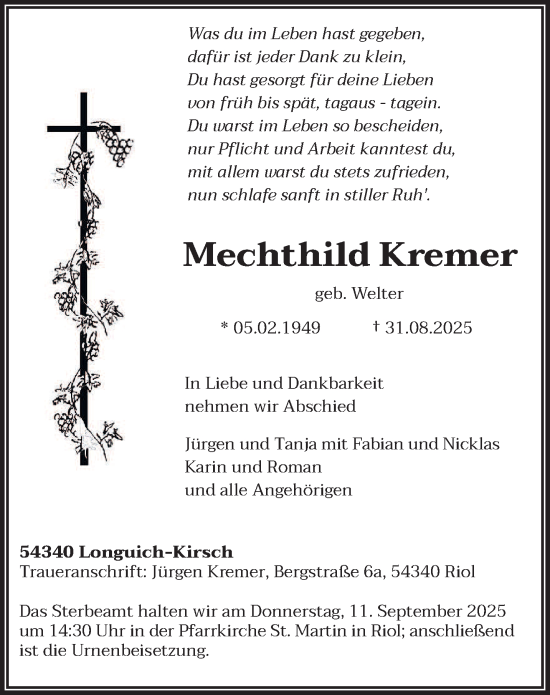 Traueranzeige von Mechthild Kremer von trierischer_volksfreund