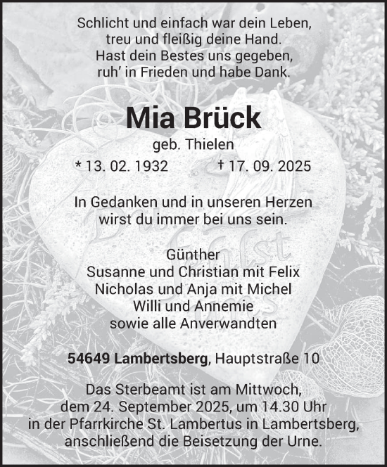 Traueranzeige von Mia Brück von trierischer_volksfreund