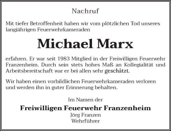 Traueranzeige von Michael Marx von trierischer_volksfreund