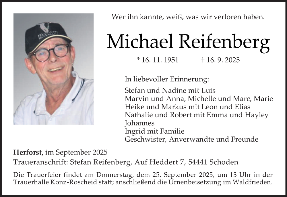  Traueranzeige für Michael Reifenberg vom 20.09.2025 aus trierischer_volksfreund