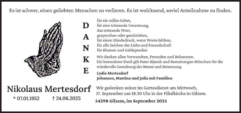  Traueranzeige für Nikolaus Mertesdorf vom 13.09.2025 aus trierischer_volksfreund